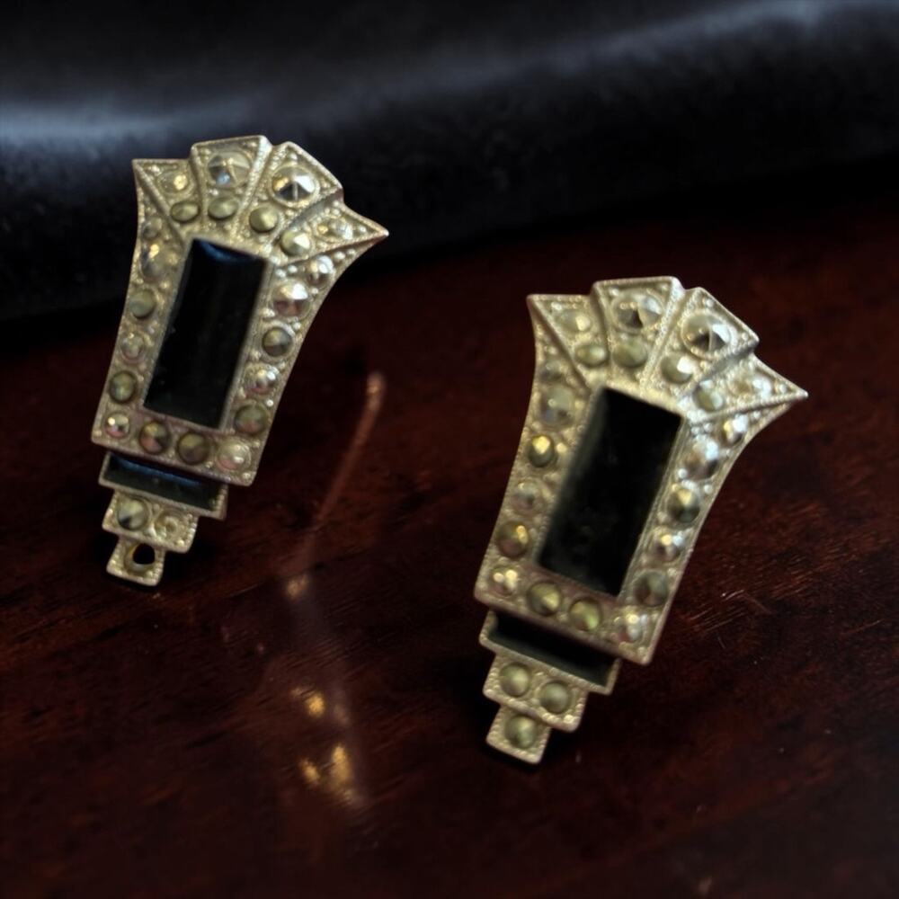 Art Deco Black Glass Gold Clip Earrings 1928 Jewelry Gatsby Revival